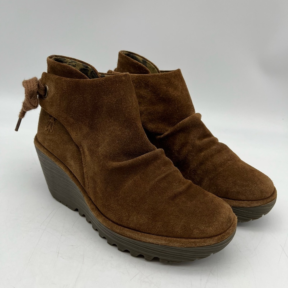 FLY London Yama Black Suede Wedge Ankle Bootie Boot  Size 35